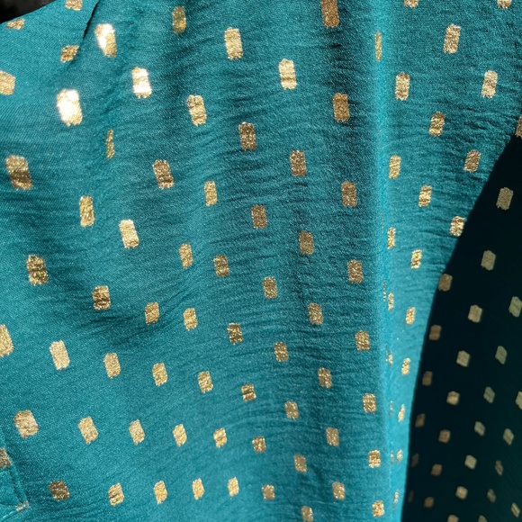 Sz XL Green Gold Glitter Dots Open Split Buttoned V Neck Pullover Blouse - Picture 3 of 8